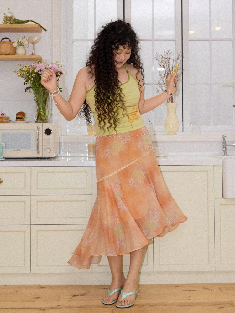 Irregular Chiffon Full Print Lace Skirt【s0000016306】