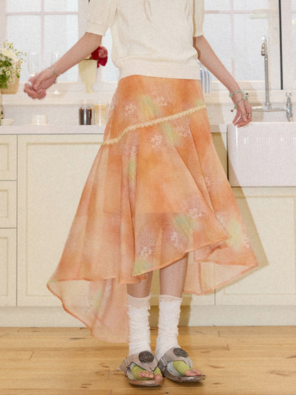 Irregular Chiffon Full Print Lace Skirt【s0000016306】