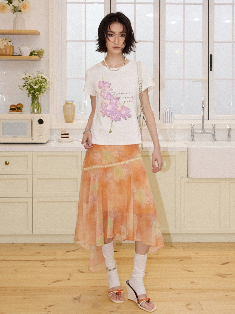 Irregular Chiffon Full Print Lace Skirt【s0000016306】