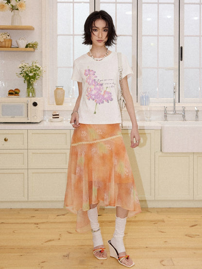 Irregular Chiffon Full Print Lace Skirt【s0000016306】