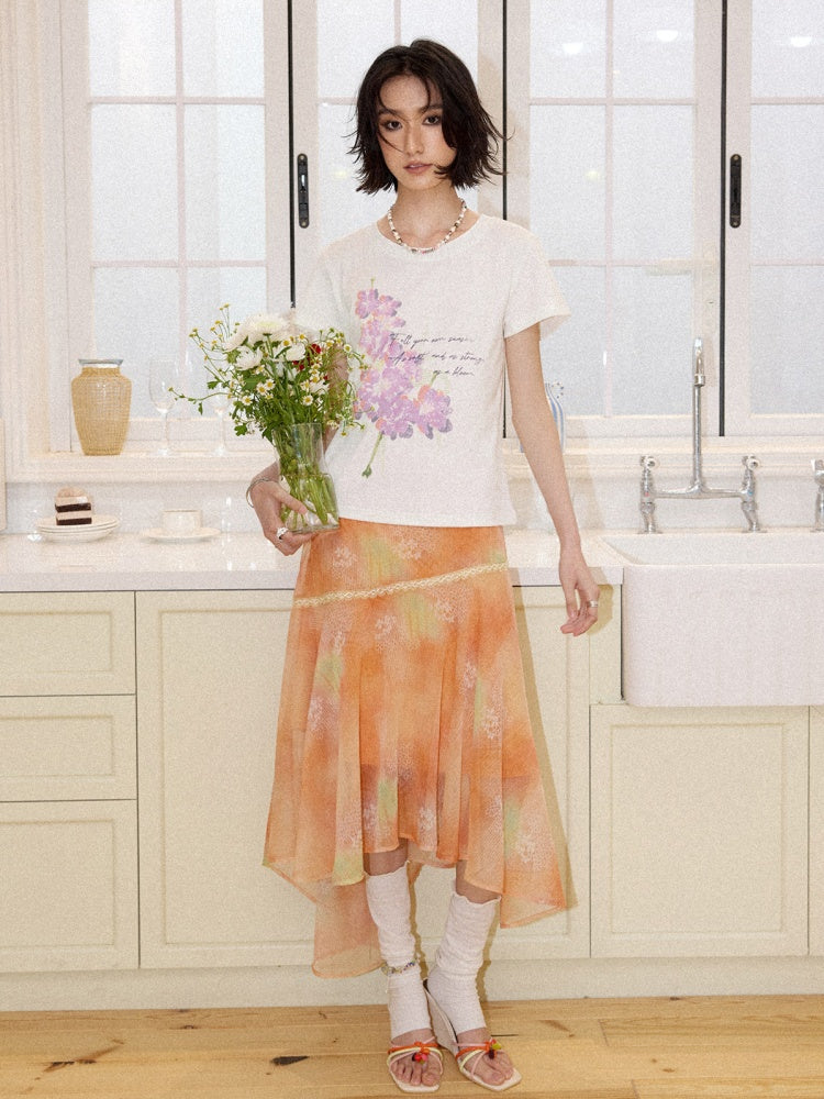 Irregular Chiffon Full Print Lace Skirt【s0000016306】