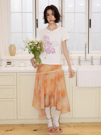 Irregular Chiffon Full Print Lace Skirt【s0000016306】