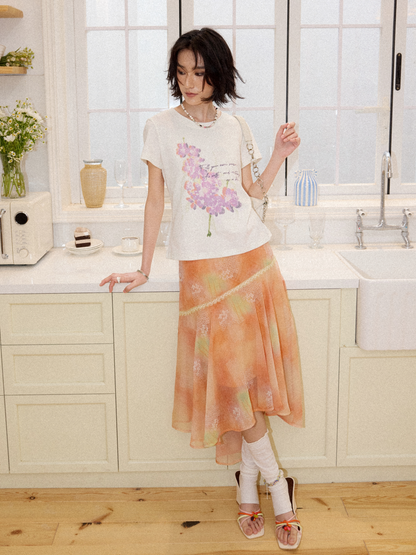 Irregular Chiffon Full Print Lace Skirt【s0000016306】