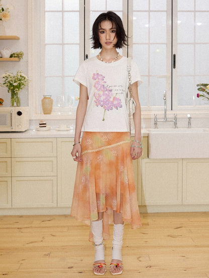 Irregular Chiffon Full Print Lace Skirt【s0000016306】