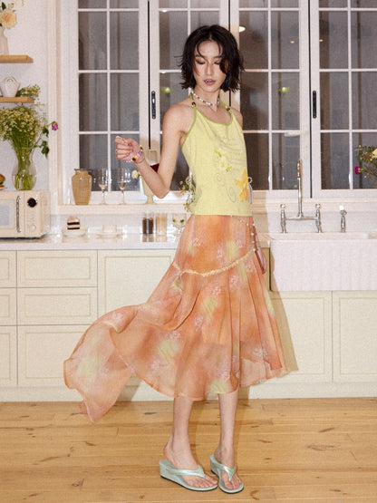 Irregular Chiffon Full Print Lace Skirt【s0000016306】