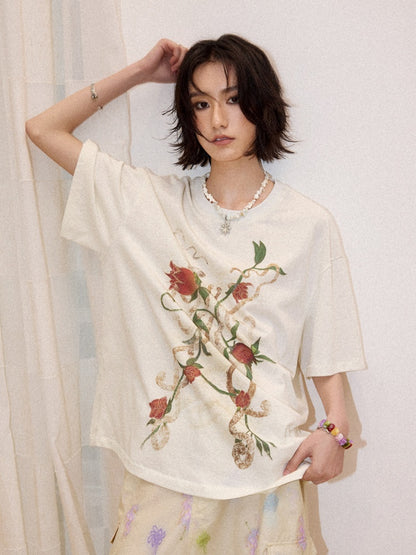 Lazy Pomegranate Flower Snowflake Loose Short-Sleeved T-Shirt【s0000016307】
