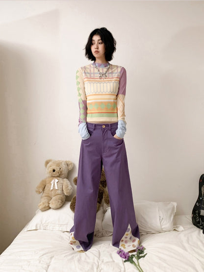 3D-Printed Casual Wide-Leg Curved Pants【s0000016310】