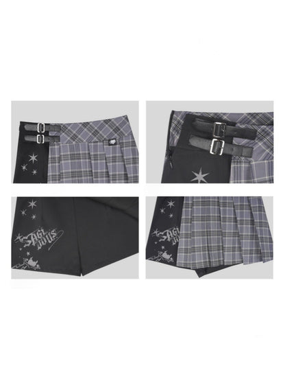 Check Graffiti Print Pleated Short Skirt【s0000016312】