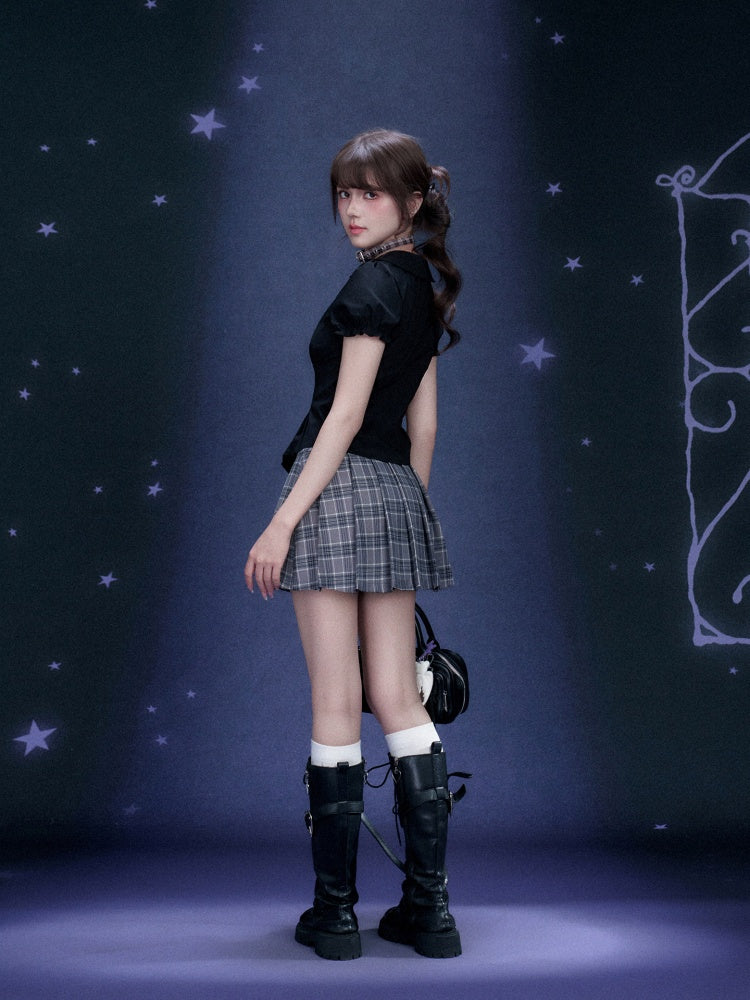 Check Graffiti Print Pleated Short Skirt【s0000016312】