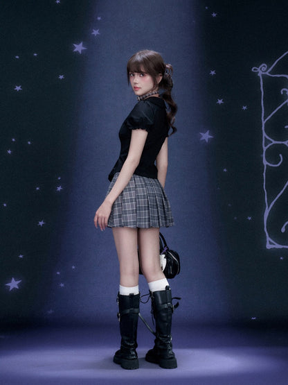 Check Graffiti Print Pleated Short Skirt【s0000016312】