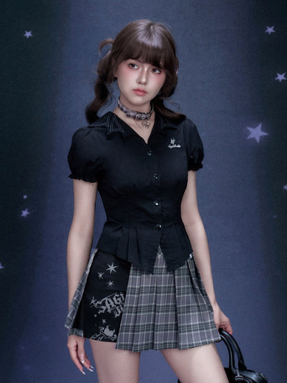 Check Graffiti Print Pleated Short Skirt【s0000016312】