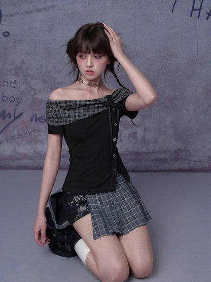 Check Graffiti Print Pleated Short Skirt【s0000016312】