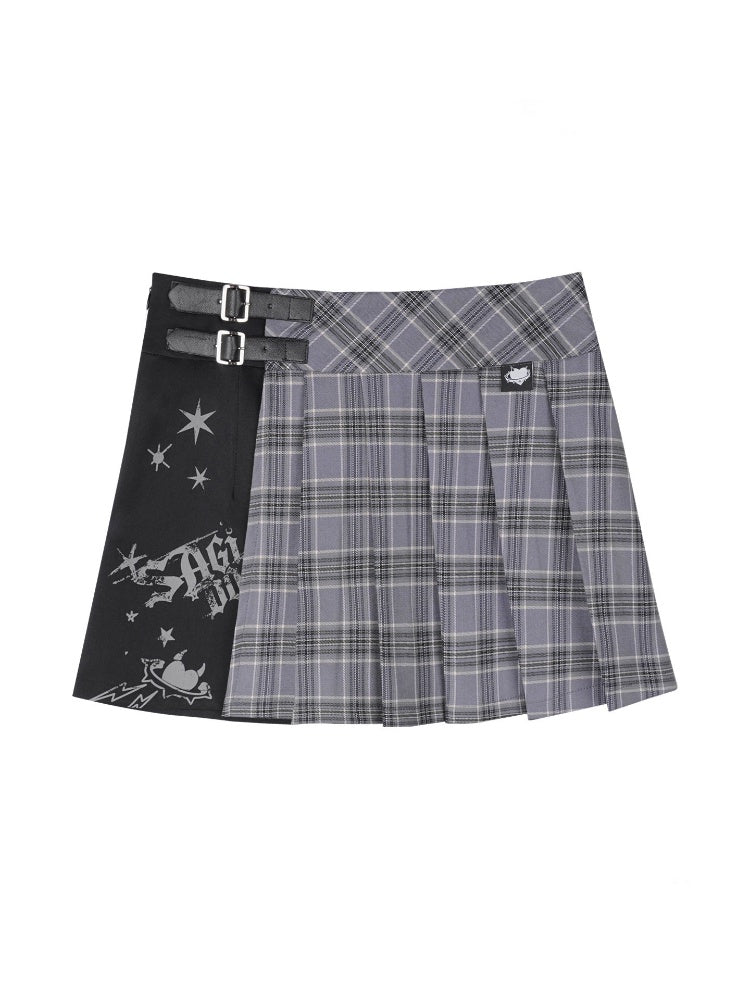 Check Graffiti Print Pleated Short Skirt【s0000016312】