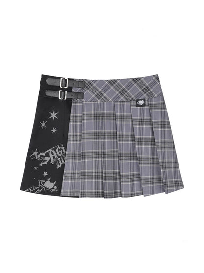 Check Graffiti Print Pleated Short Skirt【s0000016312】