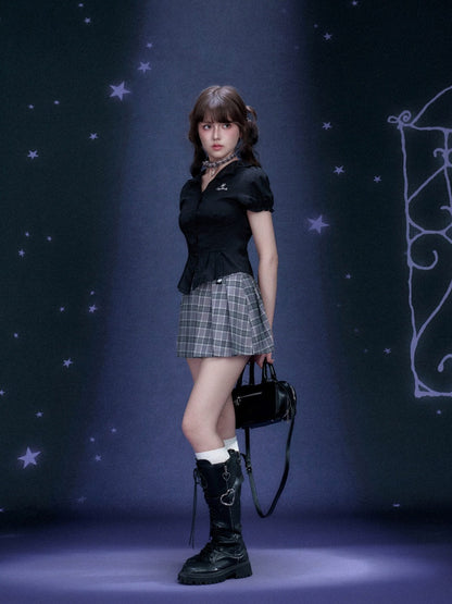 Check Graffiti Print Pleated Short Skirt【s0000016312】