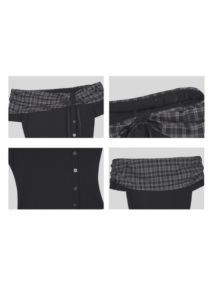 Plaid Bow One-Line Collar Tops【s0000016313】