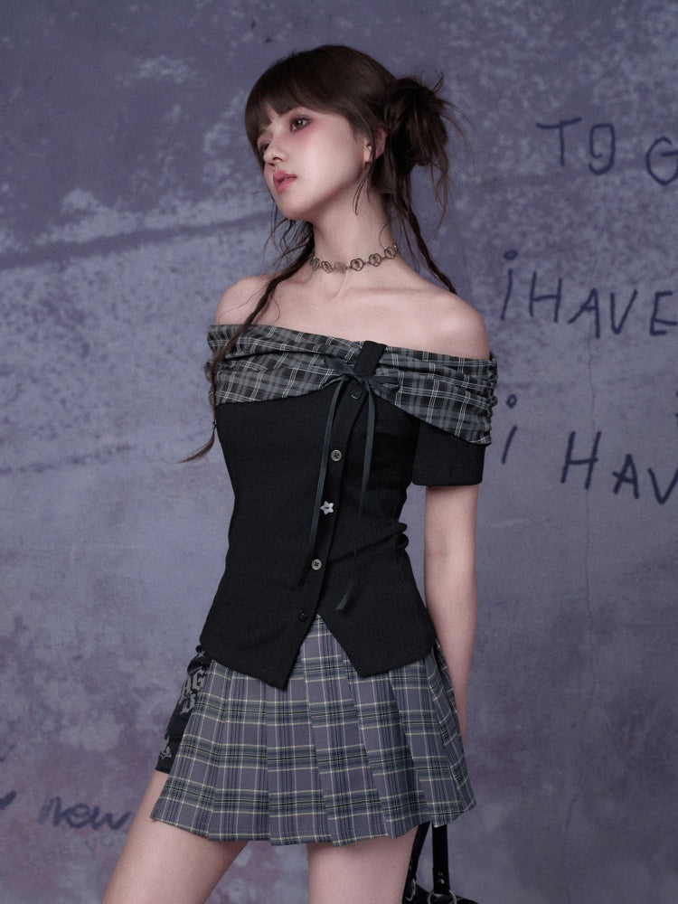 Plaid Bow One-Line Collar Tops【s0000016313】