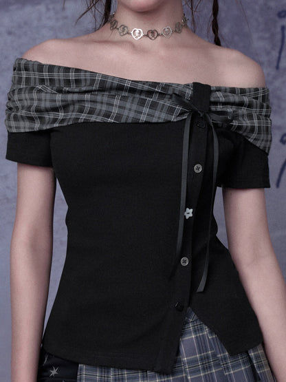 Plaid Bow One-Line Collar Tops【s0000016313】