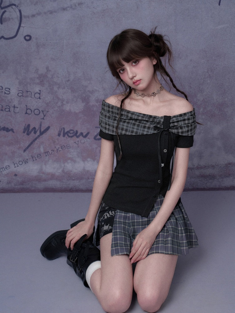 Plaid Bow One-Line Collar Tops【s0000016313】