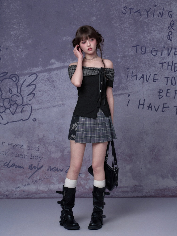 Plaid Bow One-Line Collar Tops【s0000016313】