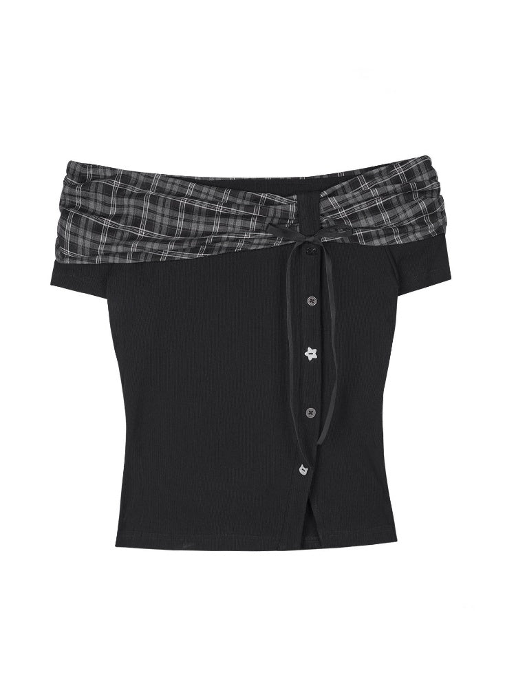 Plaid Bow One-Line Collar Tops【s0000016313】