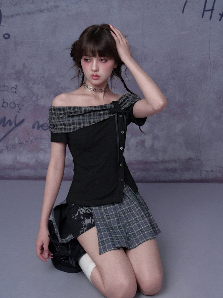 Plaid Bow One-Line Collar Tops【s0000016313】