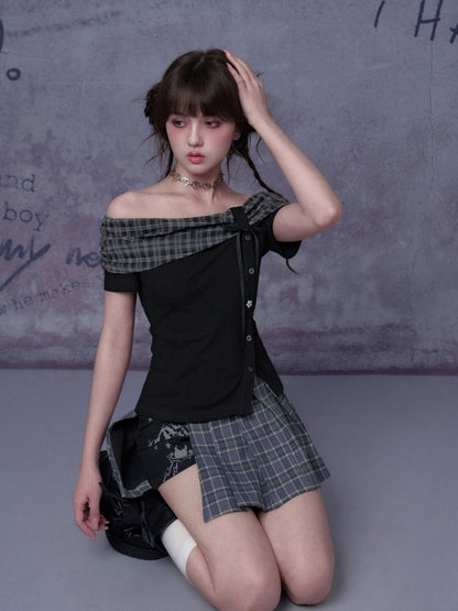 Plaid Bow One-Line Collar Tops【s0000016313】
