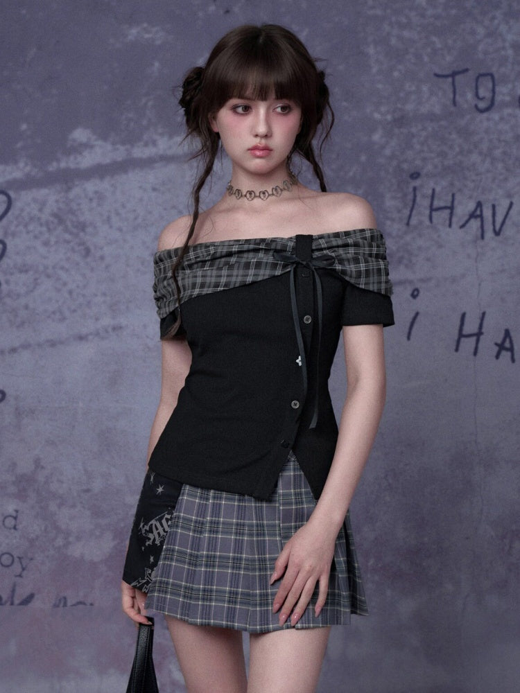 Plaid Bow One-Line Collar Tops【s0000016313】