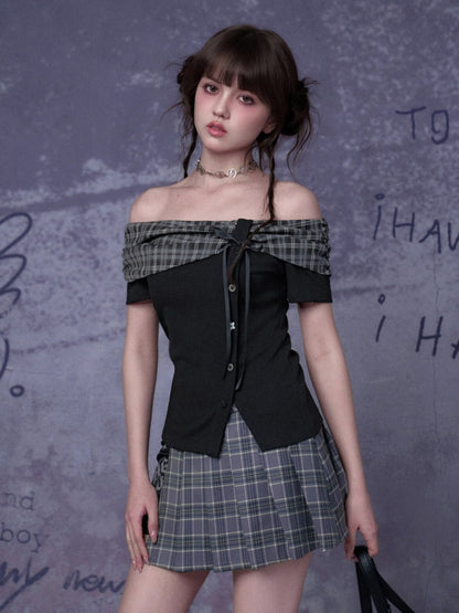 Plaid Bow One-Line Collar Tops【s0000016313】