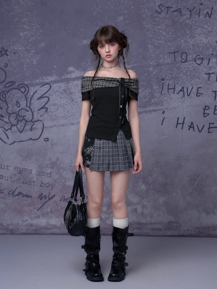 Plaid Bow One-Line Collar Tops【s0000016313】