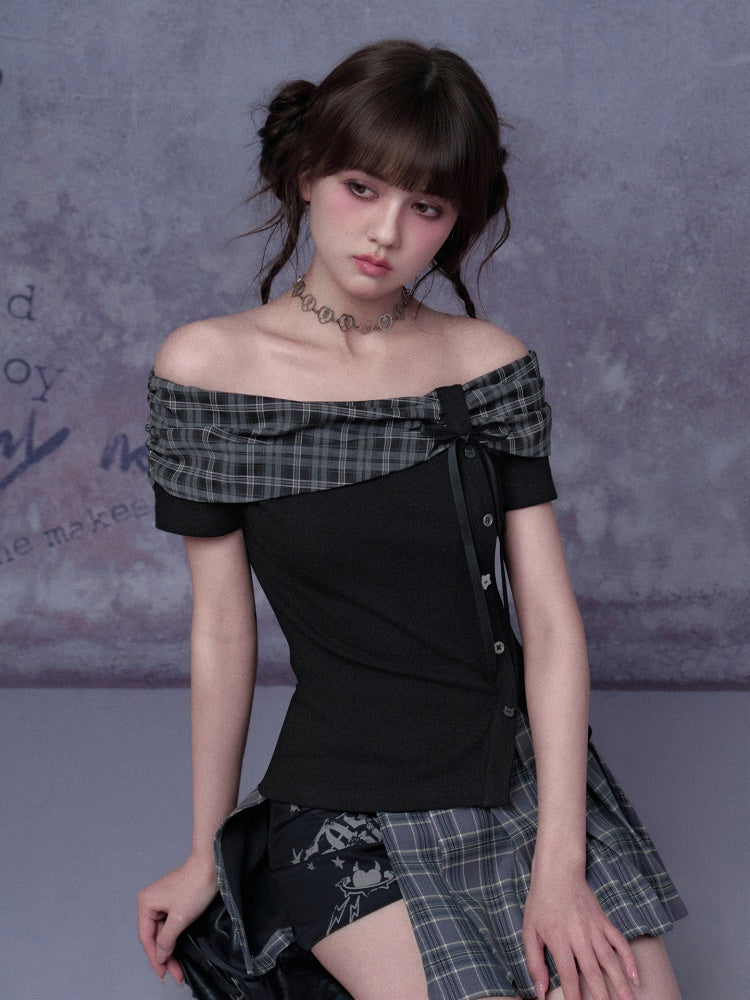 Plaid Bow One-Line Collar Tops【s0000016313】