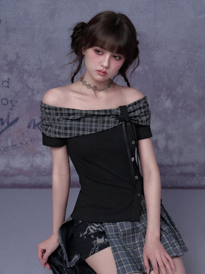 Plaid Bow One-Line Collar Tops【s0000016313】