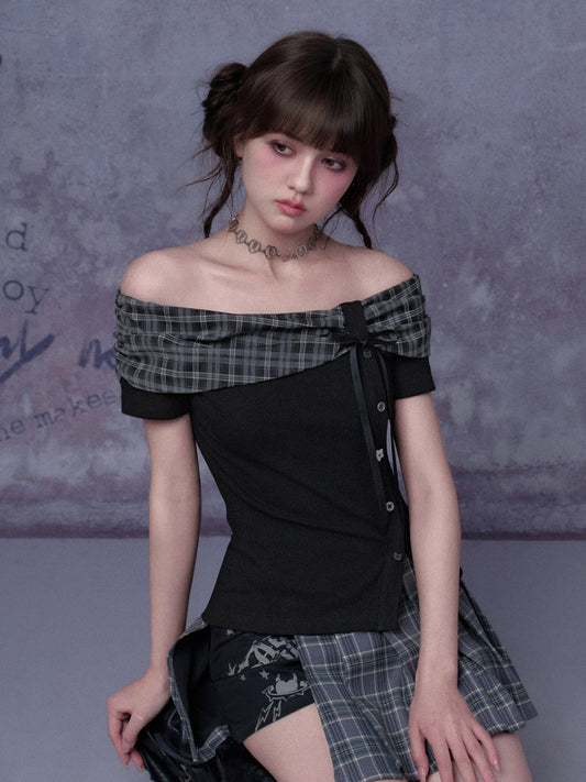 Plaid Bow One-Line Collar Tops【s0000016313】