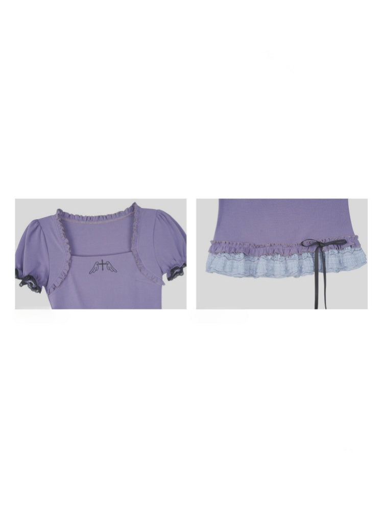Puff Sleeve Lace Hem Tops【s0000016316】
