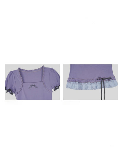 Puff Sleeve Lace Hem Tops【s0000016316】