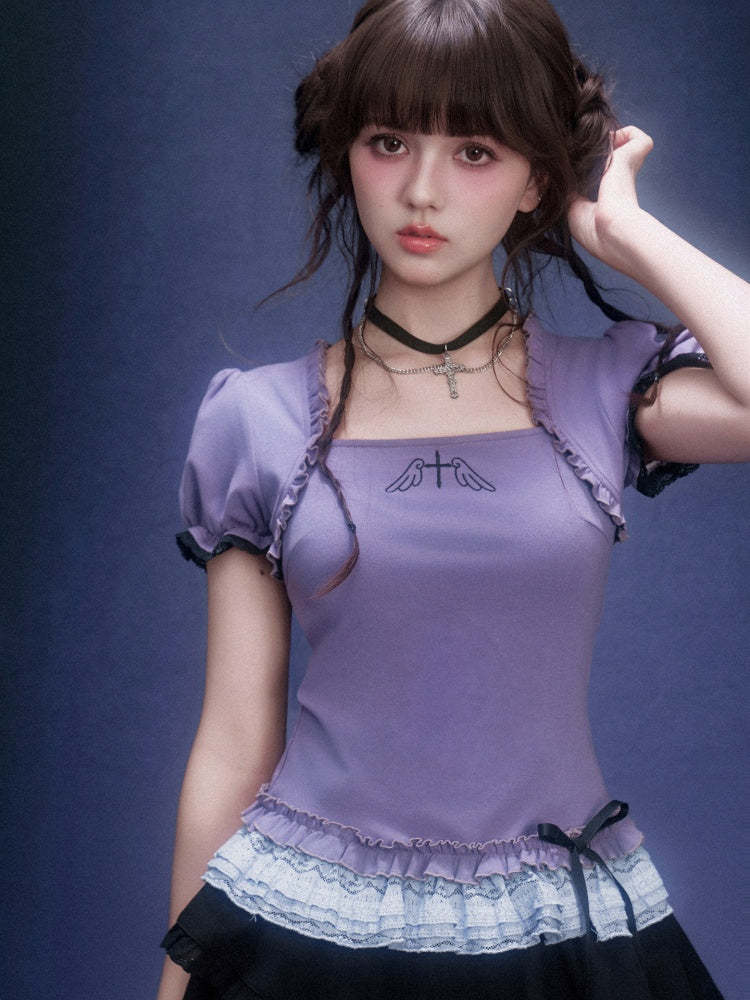 Puff Sleeve Lace Hem Tops【s0000016316】