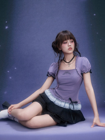 Puff Sleeve Lace Hem Tops【s0000016316】
