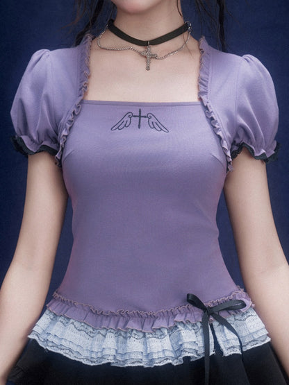 Puff Sleeve Lace Hem Tops【s0000016316】