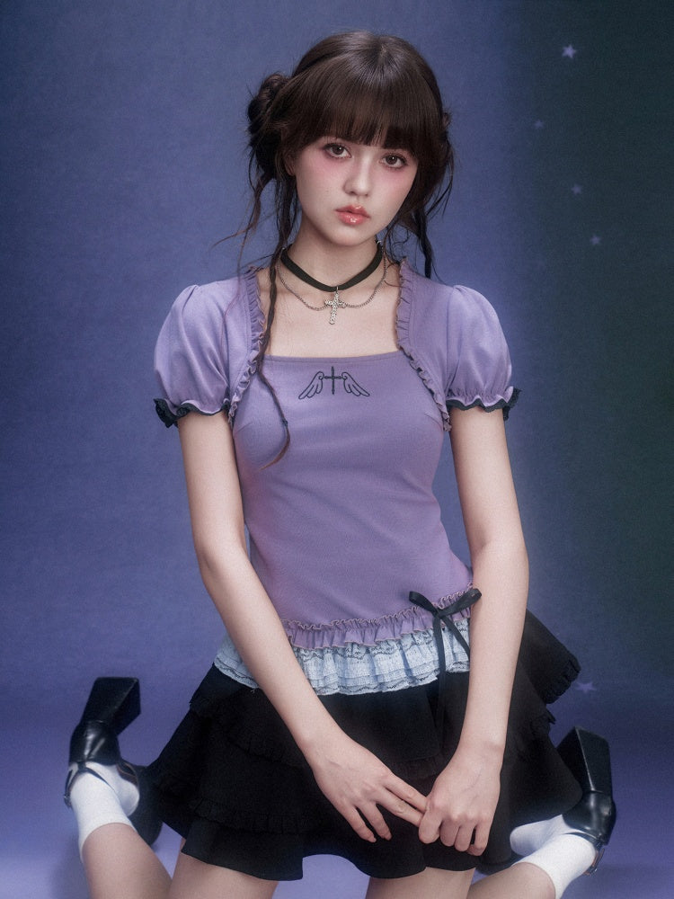 Puff Sleeve Lace Hem Tops【s0000016316】