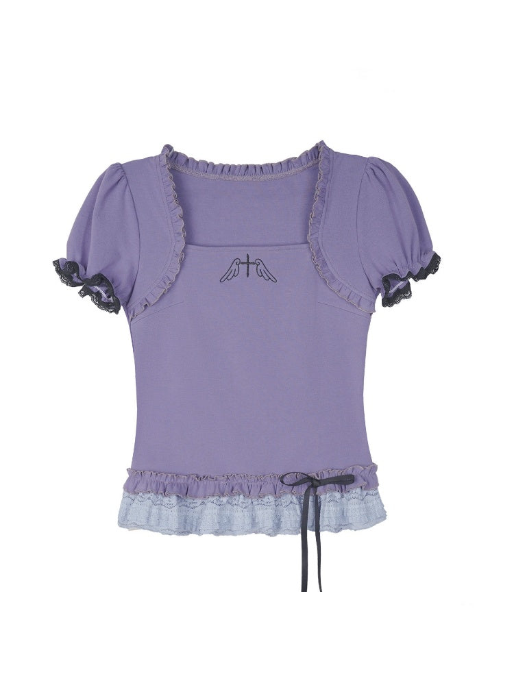 Puff Sleeve Lace Hem Tops【s0000016316】