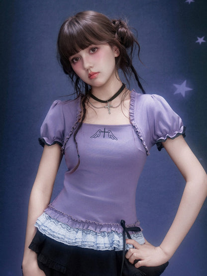 Puff Sleeve Lace Hem Tops【s0000016316】