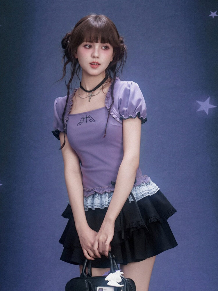 Puff Sleeve Lace Hem Tops【s0000016316】