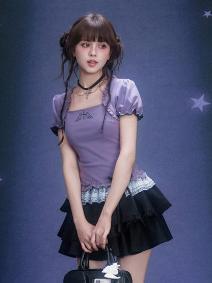 Puff Sleeve Lace Hem Tops【s0000016316】