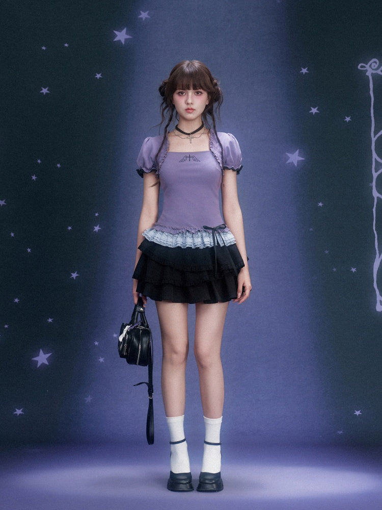 Puff Sleeve Lace Hem Tops【s0000016316】