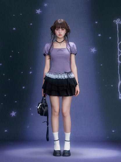 Puff Sleeve Lace Hem Tops【s0000016316】