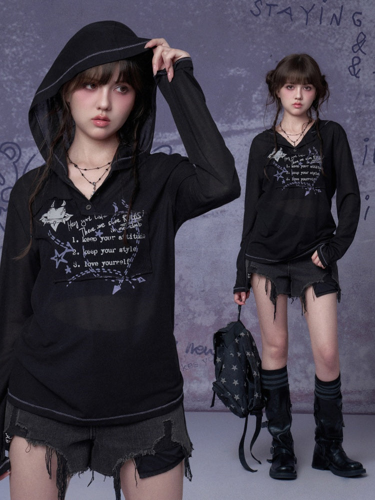 Mesh Graffiti Print Hooded T-Shirt【s0000016317】