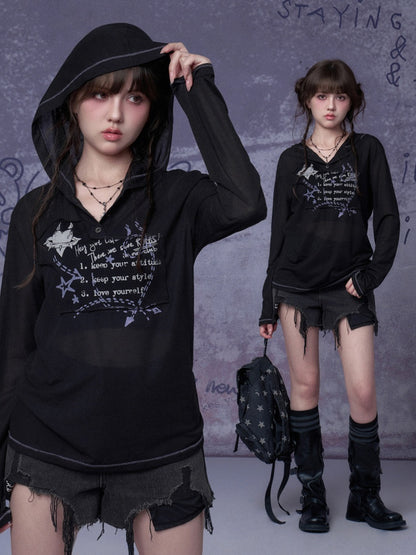 Mesh Graffiti Print Hooded T-Shirt【s0000016317】