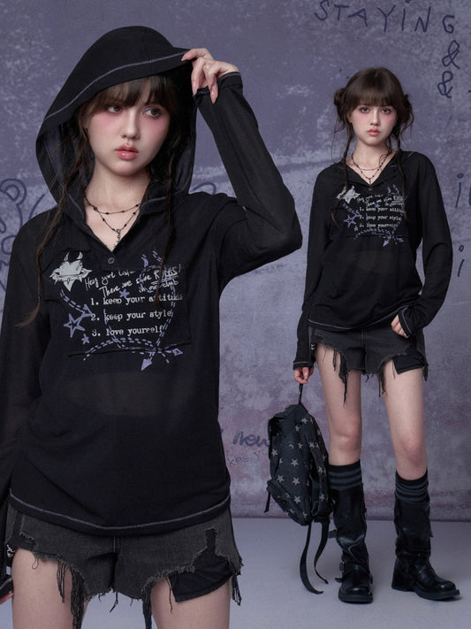 Mesh Graffiti Print Hooded T-Shirt【s0000016317】