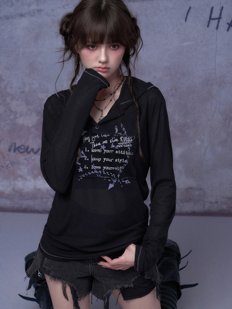 Mesh Graffiti Print Hooded T-Shirt【s0000016317】