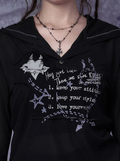 Mesh Graffiti Print Hooded T-Shirt【s0000016317】